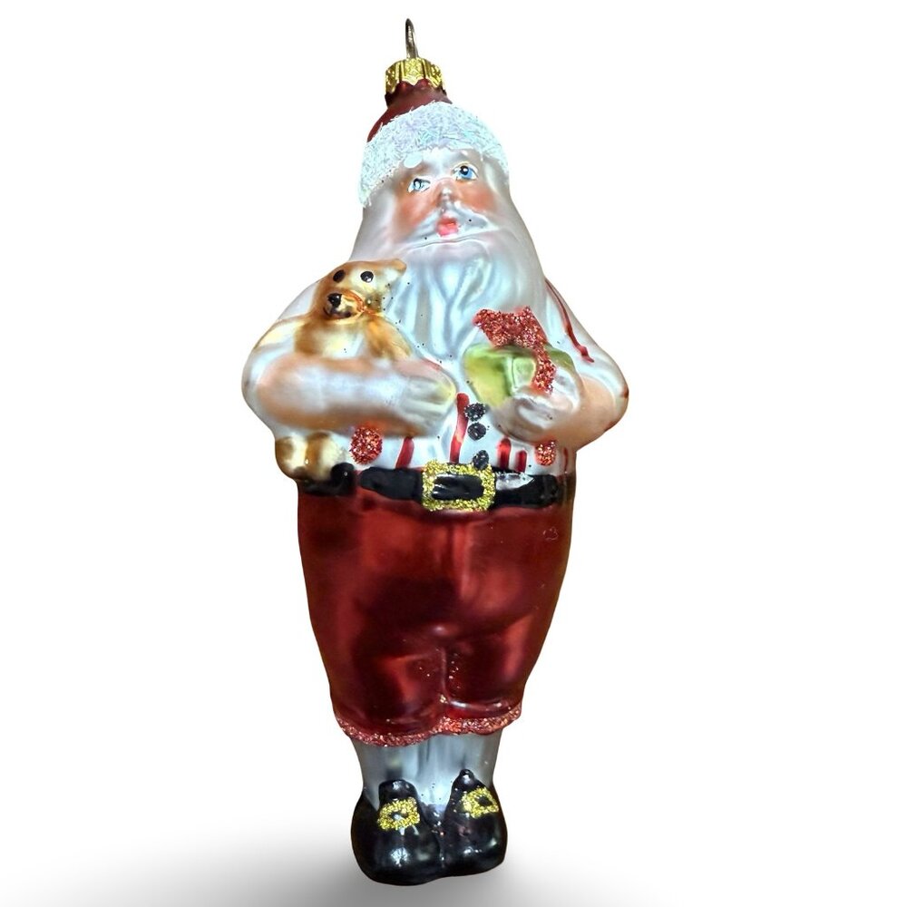 VTG Blown Glass Santa Claus Ornament w/Puppy & Gift Hand-Painted Retro Christmas